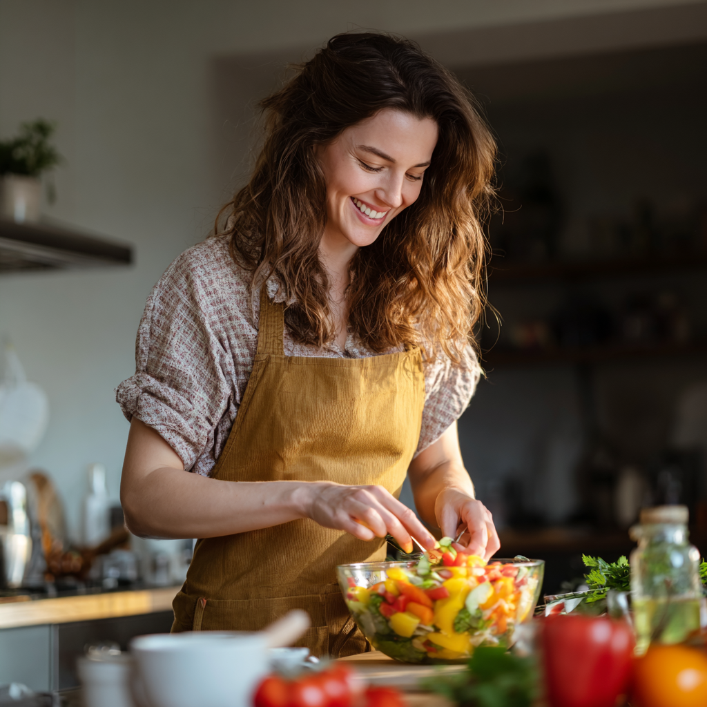 Familie română zâmbitoare savurând o masă sănătoasă acasă, cu legume proaspete și fructe pe masă