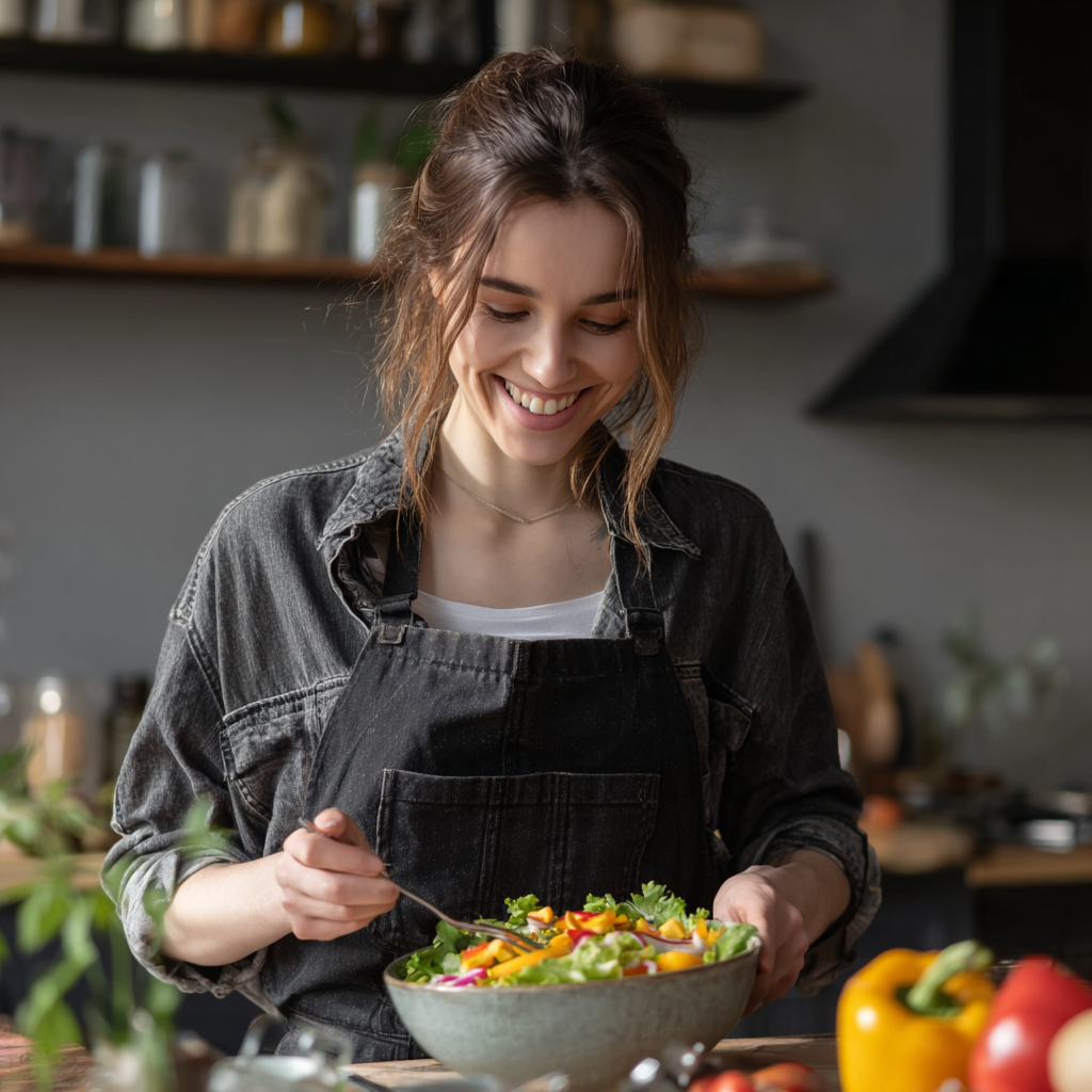 Cuplu român de vârstă mijlocie zâmbind în timp ce gătesc împreună legume proaspete, demonstrând bucuria de a prepara mâncare sănătoasă